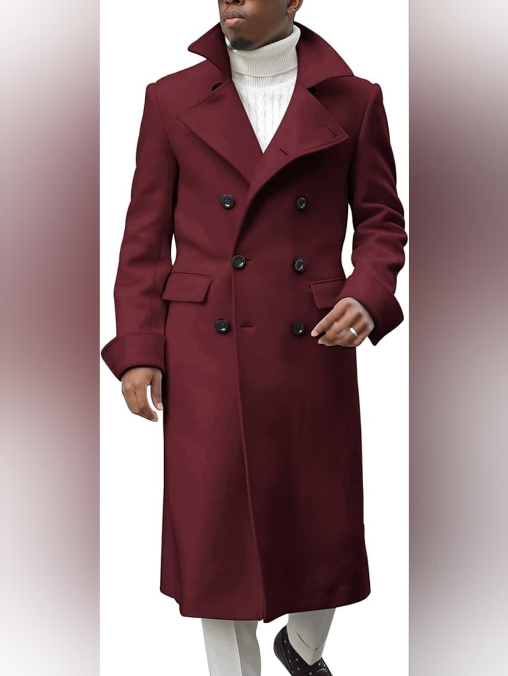 Men's Double-Breasted Long Coat - Burgundy